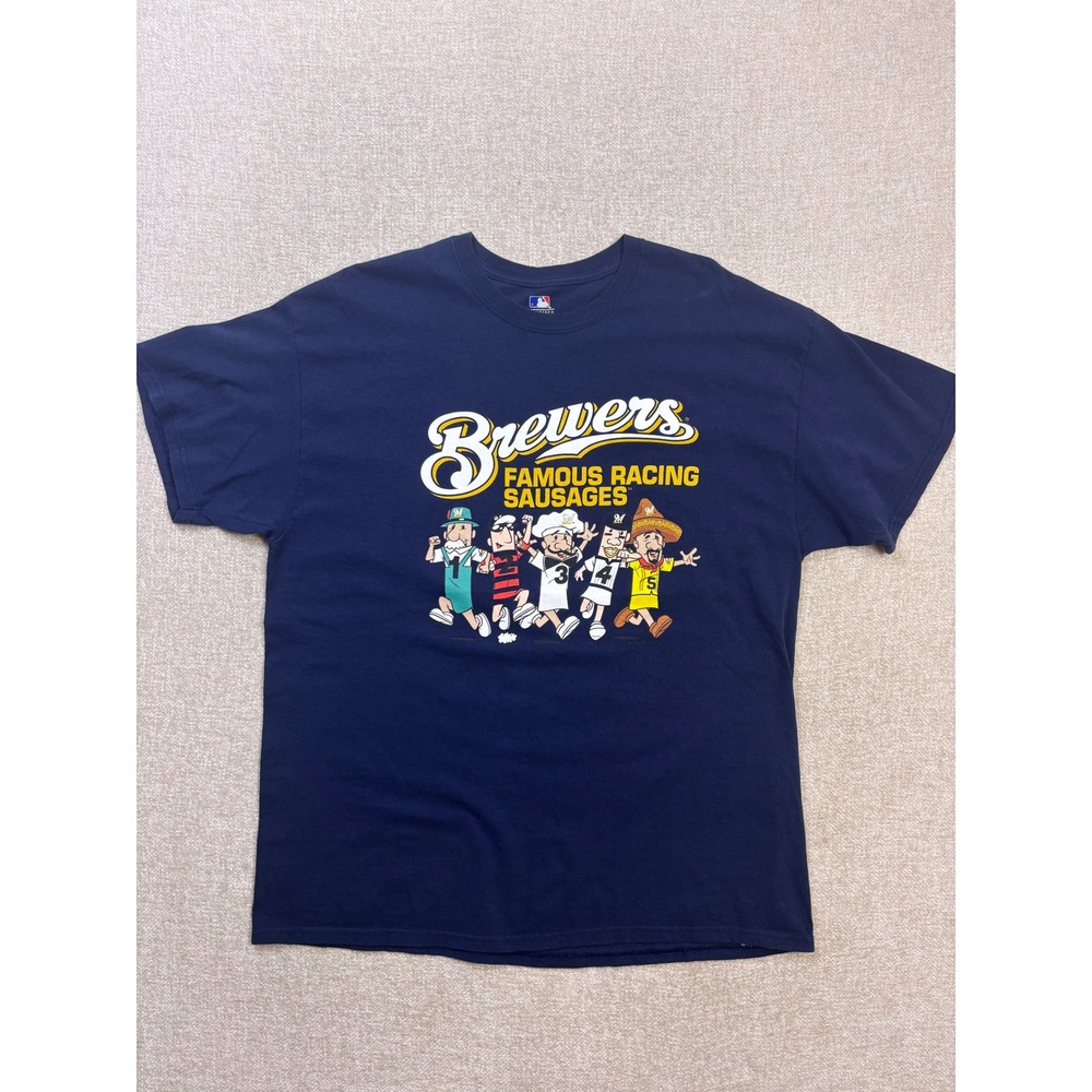 MLB Milwaukee Brewers Famous Racing Sausages Navy Blue Graphic T-Shirt Mens XL